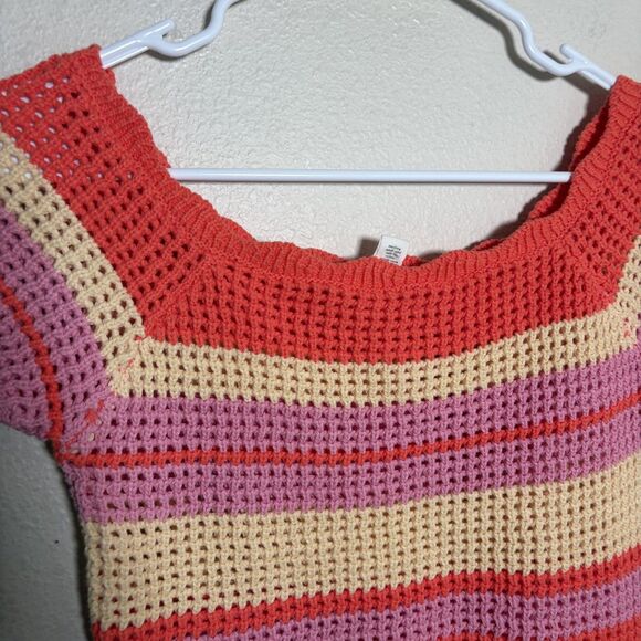 Full Tilt Sweater Women's Small Striped Crochet Knit Cropped Square Neck Top - Picture 2 of 7